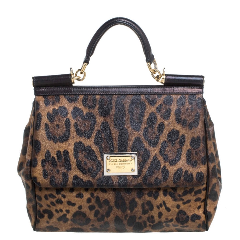 100% Authentic Dolce & Gabbana Black/Brown Leopard Leather Large Sicily Handbag